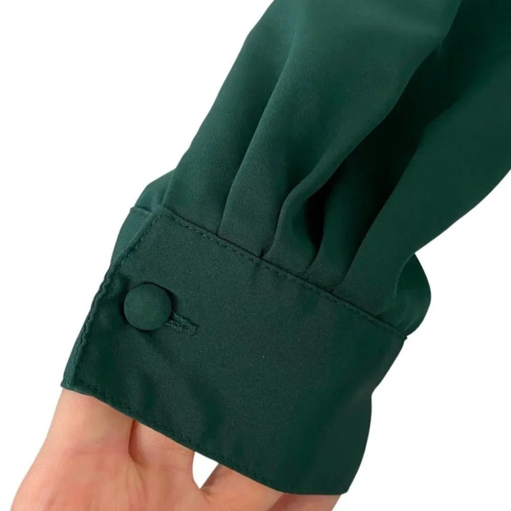 Vintage 80s Granny Pintuck Pleated Blouse Size 12 Large Hunter Green Matte Satin - Picture 5 of 10
